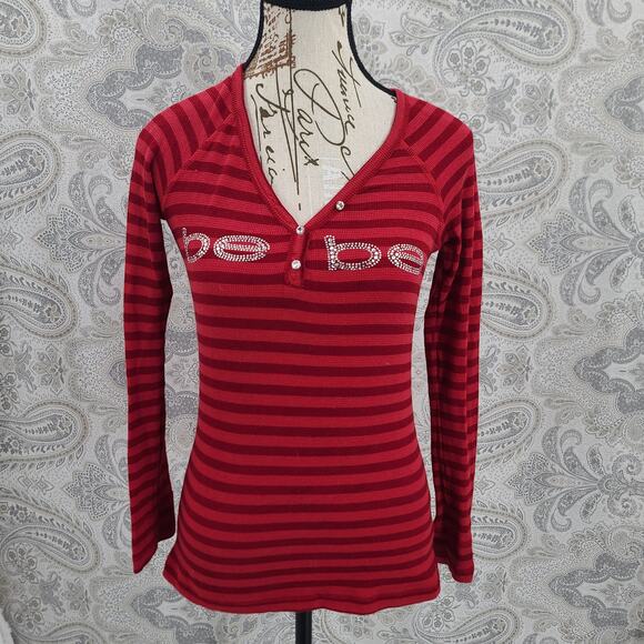 bebe Y2K Women's long sleeve henley Bling red stripes Size Medium Elena Gilbert - Picture 1 of 8